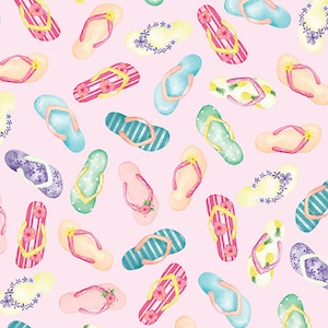 May include: A pink background with a repeating pattern of colorful flip flops. The flip flops are in various colors and designs, including blue, green, pink, yellow, and red.