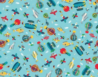 Busy Street Flight Time Blue - Liza Lewis for Clothworks - Kids Quilt Fabric - CLTY3200-98