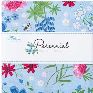 May include: A pack of 5-inch fabric squares featuring a floral pattern with blue, pink, white, and green flowers on a light blue background. The fabric squares are labeled "Perennial by Jill Finley".