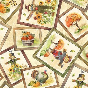 Pumpkin Farm Creme Vogelscheuche Porträts, Michael Miller Fabrics, DCX9676-CREM-D, 100% Quilting Baumwolle Kontinuierlich geschnitten
