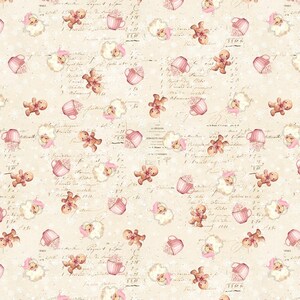 May include: A light beige fabric featuring a repeating pattern of gingerbread cookies, pink mugs filled with whipped cream, and Santa Claus figures wearing pink hats, all layered over a background of faint, cursive French script and snowflakes.