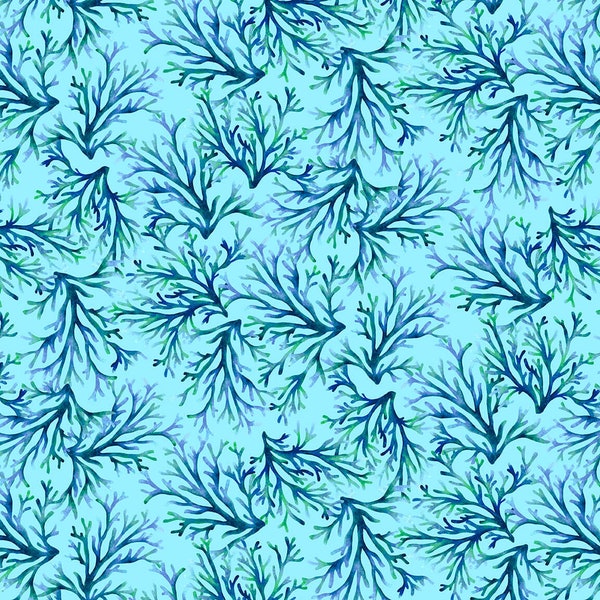 Deep Blue Sea Coral on Light Blue - Geoff Allen for Studio E Fabrics - 5786-17 - 100% Quilting Cotton Cut Continuously