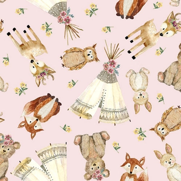 Forest Friends Tossed Animals Pink - Audrey Jeanne Roberts for 3 wishes Fabrics - 18673-PNK - 100% Quilting Cotton Cut Continuously