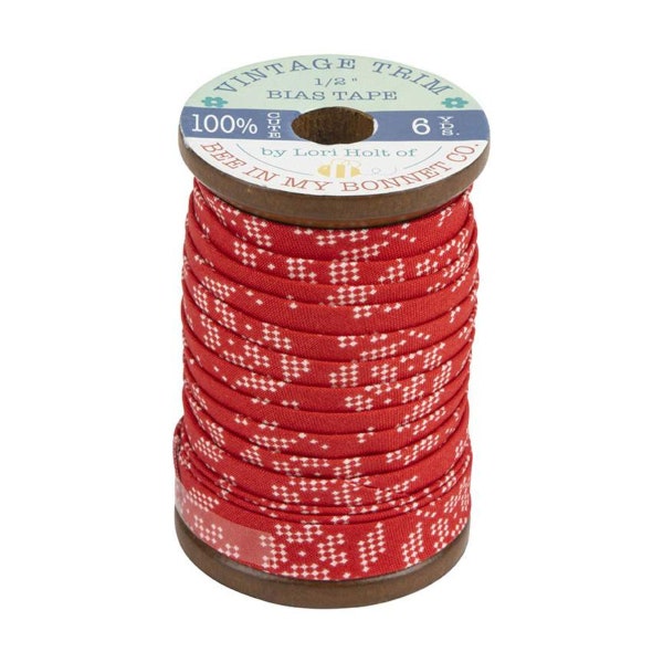 Lori Holt 1/2" Double Fold Bias Tape in Stitch Red Flower - 6 Yard Wooden Spool - Riley Blake Designs - ST-22908