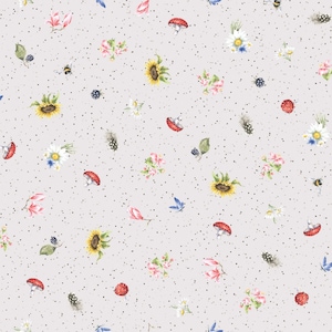 May include: A seamless pattern featuring a variety of watercolour illustrations on a light grey background. The pattern includes sunflowers, mushrooms, daisies, butterflies, berries, and feathers.