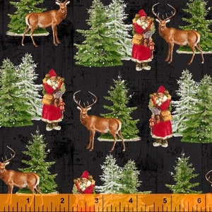 Black Old World Santa and His Reindeer, Fabric REMNANT (21"), Comfort & Joy Cotton Fabric by Windham 51884-3