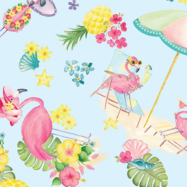 Fun In the Sun Flamingo Paradise Sky Blue - Andi Metz for Kanvas Studio of Benartex Fabrics - 12596-50 - 100% Cotton Cut Continuously