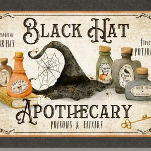 May include: A vintage-style sign for a Black Hat Apothecary, featuring a witch's hat, potion bottles, and a spiderweb. The sign includes the text "Magical Brews," "Fine Potions," and "Poisons & Elixirs." A golden key is at the bottom.