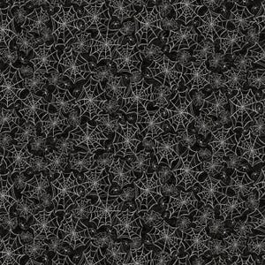 May include: A repeating pattern of white spiderwebs and spiders on a black background. The spiderwebs are intricately drawn, with a textured appearance. The spiders are small and scattered throughout the design. This pattern is suitable for Halloween-themed crafts and decorations.