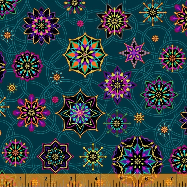 Talisman Stars Dark Teal with Gold Metallic, Katia Hoffman for Windham Fabrics, 52682M-4, 100% Quilting Cotton Cut Continuously