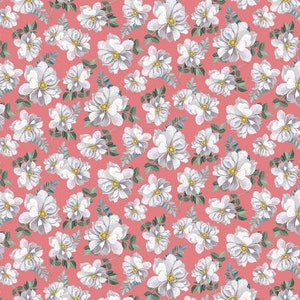 以下が含まれることがあります： ピンクの背景に、黄色の芯を持つ白い花が、シームレスなパターンで描かれています。花は繰り返しパターンで配置され、繊細で女性らしいデザインを生み出しています。