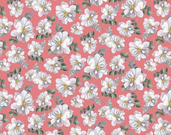 May include: A seamless pattern featuring white flowers with yellow centres on a pink background. The flowers are arranged in a repeating pattern, creating a delicate and feminine design.