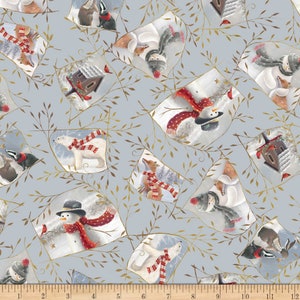 May include: A blue and white fabric with a repeating pattern of winter scenes. The scenes include snowmen, polar bears, foxes, and birds. The scenes are framed with gold branches.