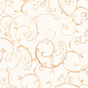 May include: A repeating pattern of swirling, stylized vines and leaves in peach and gold hues on a cream backdrop. The design has a watercolour effect, with soft edges and a delicate, organic feel.