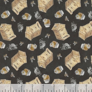 Late Summer Harvest Charcoal Bees and Beehives - Lily Ford for Blank Quilting - 3308-99 - 100% Cotton Cut Continuously