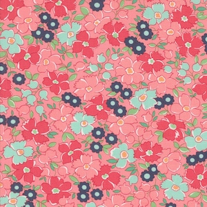 May include: A close-up of a floral fabric with a repeating pattern of pink, red, teal, and navy blue flowers. The flowers are scattered across a light pink background, creating a vibrant and cheerful design. The fabric is likely cotton or a similar material.