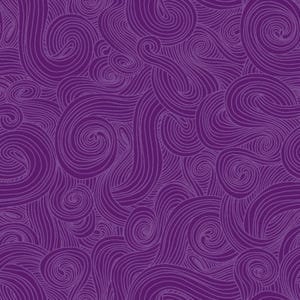 May include: Purple abstract seamless pattern with swirling lines and circles. The pattern is made up of a variety of different shapes and sizes of swirls and circles, all in a deep purple color.