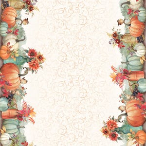 May include: A decorative fabric panel featuring a fall harvest theme. The design includes orange, white, and teal pumpkins, along with floral arrangements and decorative bottles. The panel has a cream-colored background with a swirling pattern and a dark blue border.