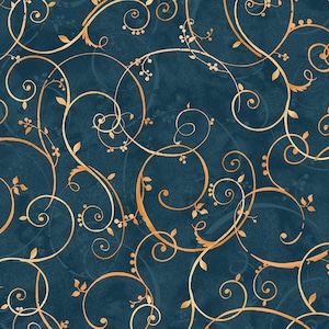 May include: A seamless pattern featuring swirling gold vines and leaves on a deep teal background. The design has a watercolor effect, with subtle variations in color and texture, creating an elegant and organic look. The pattern is suitable for various applications.