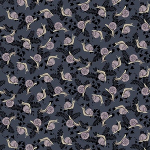 May include: A seamless pattern featuring a repeating design of stylised snails and leaves on a dark blue background. The snails are a light beige colour with a pink shell and are crawling on a vine of dark green leaves.