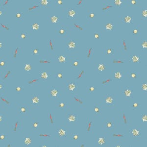 May include: A seamless pattern featuring a repeating design of small, white cabbage heads and red carrots on a light blue background.