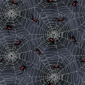 May include: A black and white illustration of a spider web with multiple black spiders with red abdomens. The spiders are in various positions on the web.
