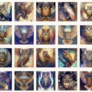 以下が含まれることがあります： 複雑なディテールを持つ、カラフルなフクロウのイラスト20点の集まり。それぞれのフクロウは、ユニークなパターンと色で描かれており、さまざまなフクロウの種類を紹介しています。