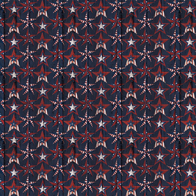 May include: A seamless pattern of red, white, and blue stars on a dark blue background. The stars are arranged in a repeating pattern, creating a patriotic design.