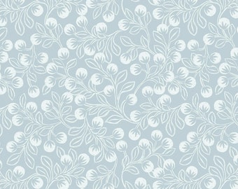 Secret Winter Garden Ice Blue Snowberries w/Pearl Essence, A658-1, 100% Quilting Cotton Cut Continuously