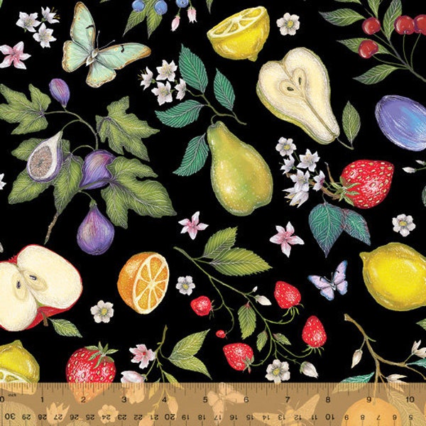 Just Fruit Tossed Fruit Black by Catherine Rowe for Windham Fabrics, 53311-2, 100% Quilting Cotton Cut Continuously