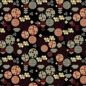 Peut inclure: Un motif sans couture présentant une variété de formes géométriques et de motifs dans des tons de rouge, d'or et de blanc sur un fond noir. Le motif comprend des cercles, des hexagones et des vagues.