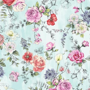 Yesterday Blue Floral, Oasis Fabrics, 59-5221, 100% Quilting Cotton Cut Continuously, Digital Print