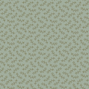 Könnte beinhalten: Ein nahtloses Muster mit einem sich wiederholenden Design aus kleinen grünen Zweigen mit winzigen braunen Punkten auf hellblauem Hintergrund.