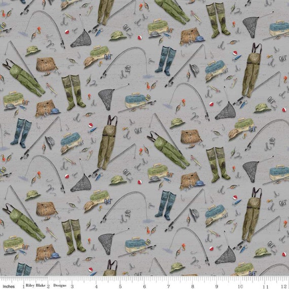 At the Lake Fishing Gear Gray by Tara Reed for Riley Blake Designs  C10551-GRAY 100% Quilting Cotton Cut Continuously -  Canada