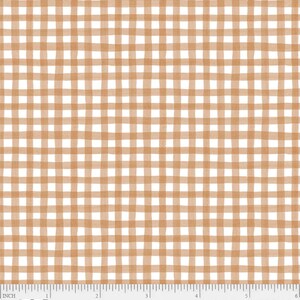 May include: A white fabric with a brown gingham pattern. The fabric has a subtle watercolor effect, giving it a soft and delicate look.