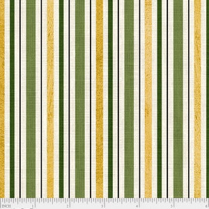 以下が含まれることがあります： 緑、金、白の縦縞模様が繰り返される生地見本です。生地は、リネンに似た質感があります。スケール用の定規が付属しており、生地の幅が15.24cmであることがわかります。