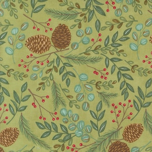 May include: A fabric featuring a repeating pattern of pine cones, leaves, and berries in shades of brown, green, and red on a light green background. The design features detailed illustrations of natural elements.
