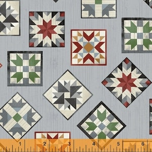 Thistle Hill Barn Quilts Gray by Whistler Studios for Windham Fabrics - 52130-1 - 100% Quilting Cotton Cut Continuously