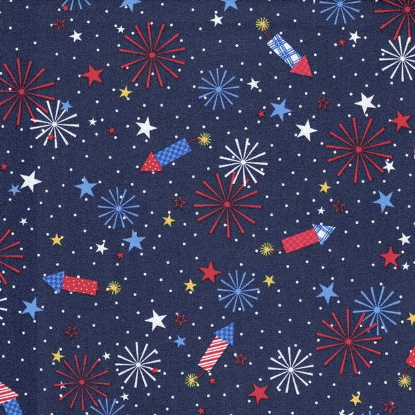 Red, White & Bloom Fireworks Navy, KimberBell for Maywood Studio, 9903-N, 100% Quilting Cotton Cut Continuously