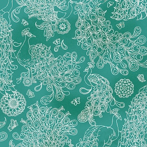 May include: A teal background with a white repeating pattern of peacocks. The peacocks are drawn in a detailed, intricate style with their feathers forming a fan shape.