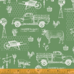 20&quot; REMNANT Farmers Market Green Farm Toile, Whistler Studios for Windham Fabrics, 52765-3, 100% Quilting Cotton