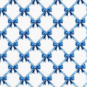May include: A white background with a repeating pattern of blue bows tied with silver ribbon. The bows are arranged in a diamond pattern.