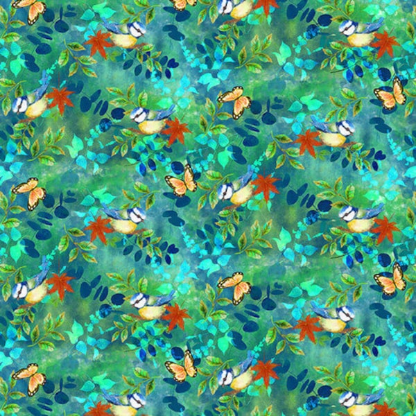 Auburn Fox Butterflies & Birds Teal Blue - Kayomi Harai for Studio E Fabrics - 6223-76 - 100% Cotton Cut Continuously - Digital Print