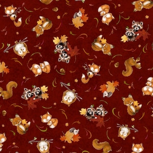 May include: A repeating pattern featuring watercolor illustrations of woodland animals, including foxes, raccoons, squirrels, and owls. The animals are interspersed with autumn leaves and acorns on a deep red background. The design evokes a fall or harvest theme.