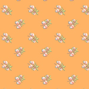 Könnte beinhalten: Ein nahtloses Muster mit einem sich wiederholenden Design aus rosa und weißen Blüten mit grünen Stielen auf einem hellorangen Hintergrund.