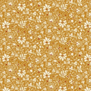 May include: Mustard yellow fabric with a repeating floral pattern. The design includes white flowers and small red details, creating a detailed and textured appearance. The fabric is covered in a repeating pattern of stylized flowers and dots.