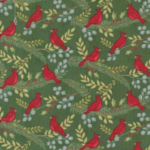 May include: A repeating pattern featuring red cardinal birds on branches with green needles, leaves, and berries, set against a dark green backdrop. Ideal for fabric or wallpaper, the design evokes a festive, natural theme.