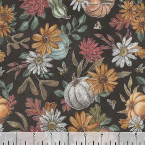 Late Summer Harvest Charcoal Pumpkins with Flowers - Lily Ford for Blank Quilting - 3307-99 - 100% Cotton Cut Continuously