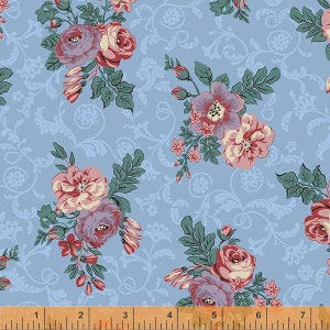 Bedford Light Blue Floral Bouquets, Mary Koval for Windham Fabrics, 53145-3, 100% Cotton Cut Continuously