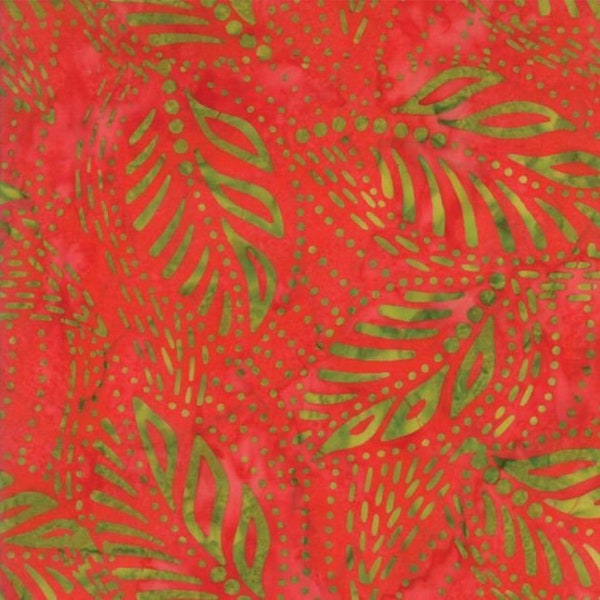 Moda Tiki Batiks Green Leaf on Mandarin Red  - Indonesian Fabric - 4343-16 - 100% Cotton